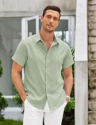 COOFANDY Mens Linen Shirt Casual Short Sleeve Button Down Shirts Summer Beach Vacation Tops - 3