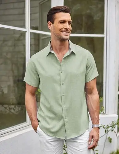 COOFANDY Mens Linen Shirt Casual Short Sleeve Button Down Shirts Summer Beach Vacation Tops - 4