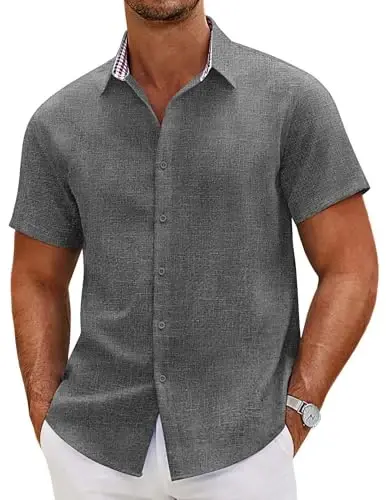 COOFANDY Mens Linen Shirt Casual Short Sleeve Button Down Shirts Summer Beach Vacation Tops - MODAZONE