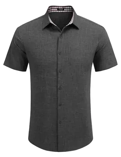 COOFANDY Mens Linen Shirt Casual Short Sleeve Button Down Shirts Summer Beach Vacation Tops - 2