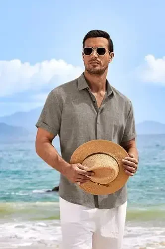 COOFANDY Men's Linen Shirts Short Sleeve Casual Shirts Button Down Shirt for Men Beach Summer Wedding Shirt - 4