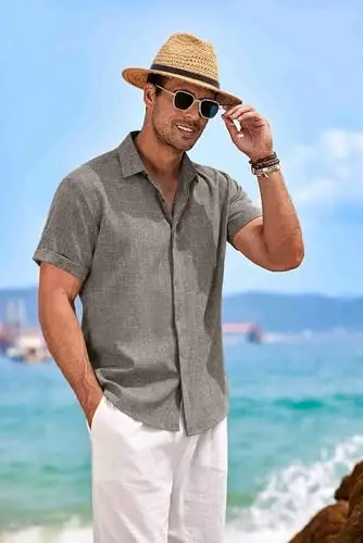 COOFANDY Men's Linen Shirts Short Sleeve Casual Shirts Button Down Shirt for Men Beach Summer Wedding Shirt - COOFANDY (1)