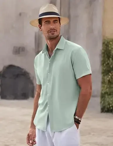 COOFANDY Men's Linen Shirts Short Sleeve Casual Shirts Button Down Shirt for Men Beach Summer Wedding Shirt - 6