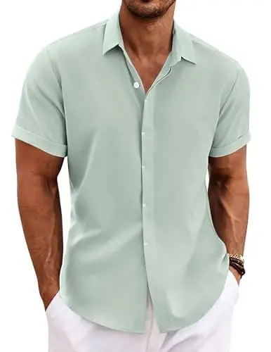 COOFANDY Men's Linen Shirts Short Sleeve Casual Shirts Button Down Shirt for Men Beach Summer Wedding Shirt - 1