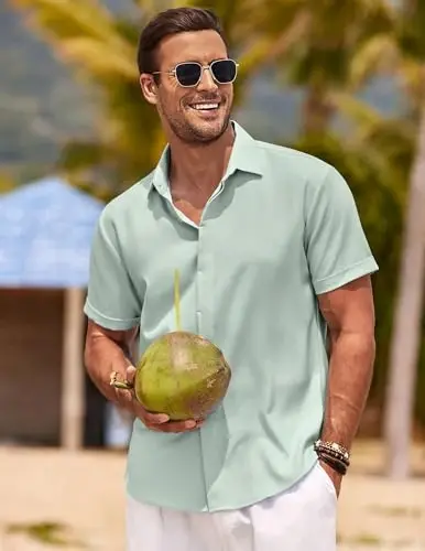 COOFANDY Men's Linen Shirts Short Sleeve Casual Shirts Button Down Shirt for Men Beach Summer Wedding Shirt - COOFANDY (1)