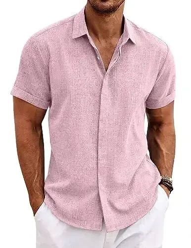 COOFANDY Men's Linen Shirts Short Sleeve Casual Shirts Button Down Shirt for Men Beach Summer Wedding Shirt - COOFANDY