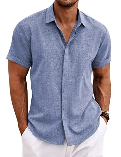 COOFANDY Men's Linen Shirts Short Sleeve Casual Shirts Button Down Shirt for Men Beach Summer Wedding Shirt - COOFANDY