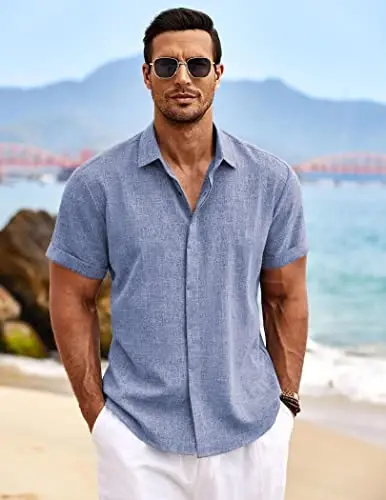 COOFANDY Men's Linen Shirts Short Sleeve Casual Shirts Button Down Shirt for Men Beach Summer Wedding Shirt - 2