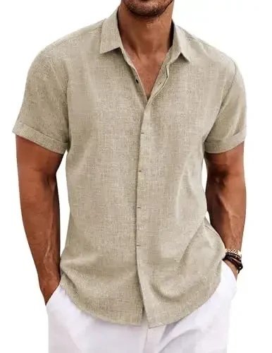 COOFANDY Men's Linen Shirts Short Sleeve Casual Shirts Button Down Shirt for Men Beach Summer Wedding Shirt - 1