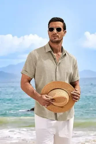 COOFANDY Men's Linen Shirts Short Sleeve Casual Shirts Button Down Shirt for Men Beach Summer Wedding Shirt - 5