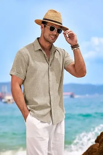 COOFANDY Men's Linen Shirts Short Sleeve Casual Shirts Button Down Shirt for Men Beach Summer Wedding Shirt - 2