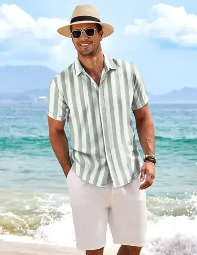 COOFANDY Men's Linen Shirts Short Sleeve Casual Shirts Button Down Shirt for Men Beach Summer Wedding Shirt - 5