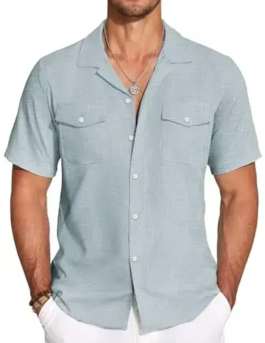 COOFANDY Men's Linen Short Sleeve Button Down Shirt Casual Cuban Collar Summer Beach Shirts Vacation Essentials 