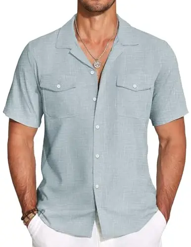 COOFANDY Men's Linen Short Sleeve Button Down Shirt Casual Cuban Collar Summer Beach Shirts Vacation Essentials - MODAZONE