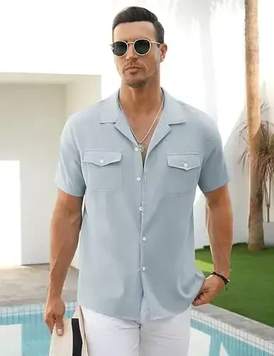 COOFANDY Men's Linen Short Sleeve Button Down Shirt Casual Cuban Collar Summer Beach Shirts Vacation Essentials - 3