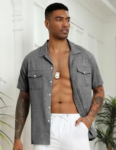 COOFANDY Men's Linen Short Sleeve Button Down Shirt Casual Cuban Collar Summer Beach Shirts Vacation Essentials - 2