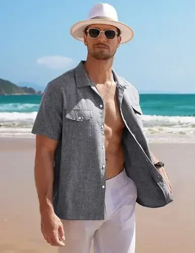 COOFANDY Men's Linen Short Sleeve Button Down Shirt Casual Cuban Collar Summer Beach Shirts Vacation Essentials - 4