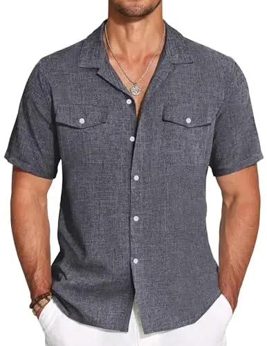 COOFANDY Men's Linen Short Sleeve Button Down Shirt Casual Cuban Collar Summer Beach Shirts Vacation Essentials 