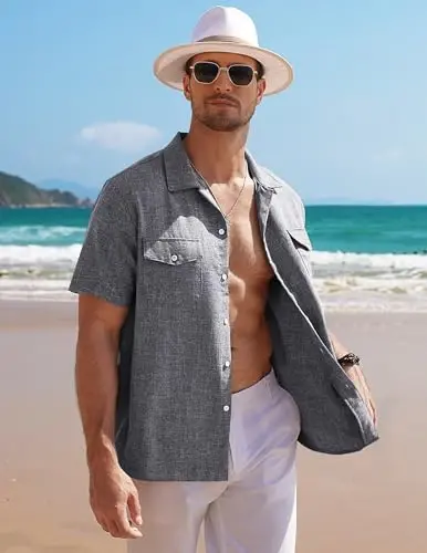 COOFANDY Men's Linen Short Sleeve Button Down Shirt Casual Cuban Collar Summer Beach Shirts Vacation Essentials - 4