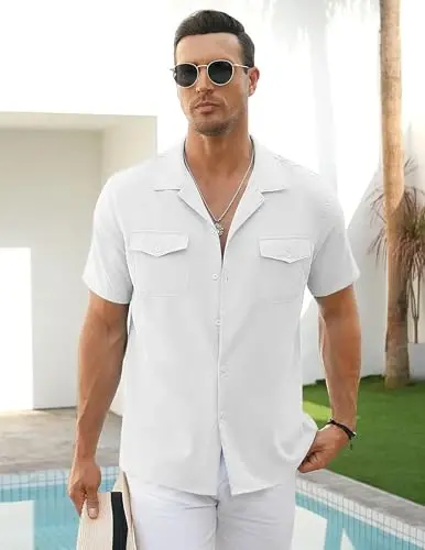 COOFANDY Men's Linen Short Sleeve Button Down Shirt Casual Cuban Collar Summer Beach Shirts Vacation Essentials - 3