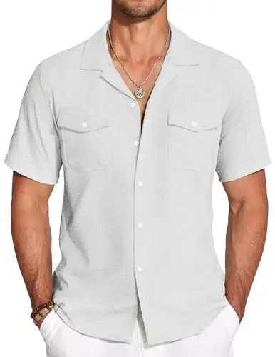 COOFANDY Men's Linen Short Sleeve Button Down Shirt Casual Cuban Collar Summer Beach Shirts Vacation Essentials - MODAZONE
