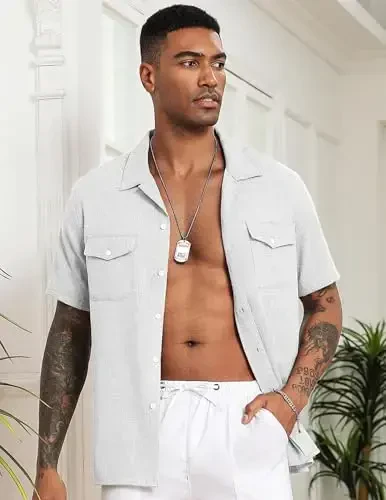 COOFANDY Men's Linen Short Sleeve Button Down Shirt Casual Cuban Collar Summer Beach Shirts Vacation Essentials - 4