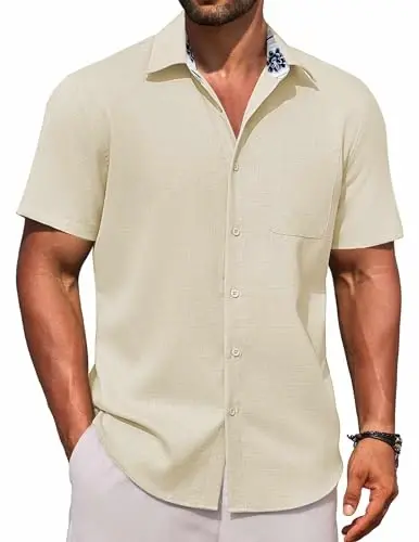 COOFANDY Men's Linen Short Sleeve Button Down Shirts Casual Summer Beach Vacation Shirts 
