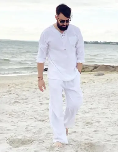 COOFANDY Mens Linen Beach Tee Shirts Cotton Hippie Shirts V Neck Long Sleeve Tunic Big and Tall Yoga Shirt - 2