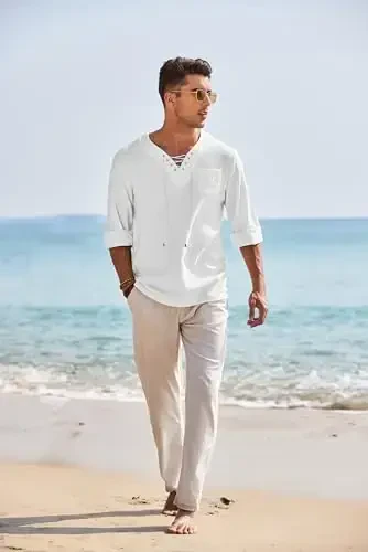 COOFANDY Mens Linen Beach Tee Shirts Cotton Hippie Shirts V Neck Long Sleeve Tunic Big and Tall Yoga Shirt - 3
