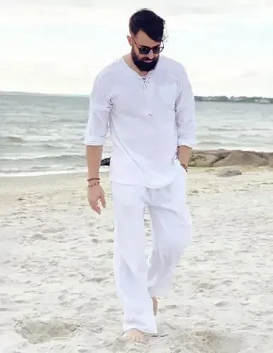 COOFANDY Mens Linen Beach Tee Shirts Cotton Hippie Shirts V Neck Long Sleeve Tunic Big and Tall Yoga Shirt - 2