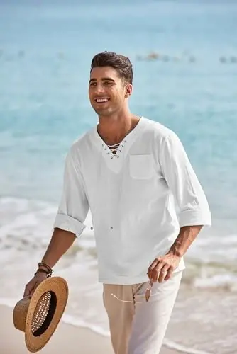 COOFANDY Mens Linen Beach Tee Shirts Cotton Hippie Shirts V Neck Long Sleeve Tunic Big and Tall Yoga Shirt - 4