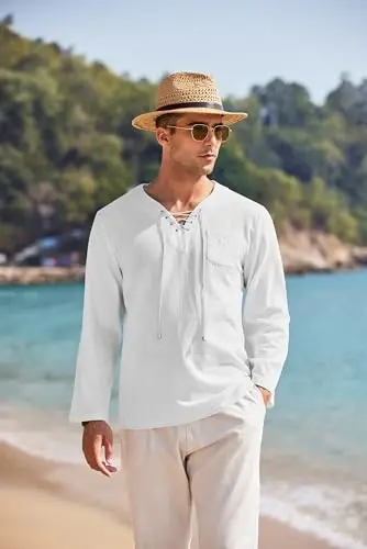 COOFANDY Mens Linen Beach Tee Shirts Cotton Hippie Shirts V Neck Long Sleeve Tunic Big and Tall Yoga Shirt - 5