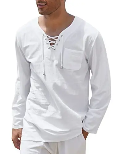 COOFANDY Mens Linen Beach Tee Shirts Cotton Hippie Shirts V Neck Long Sleeve Tunic Big and Tall Yoga Shirt - MODAZONE