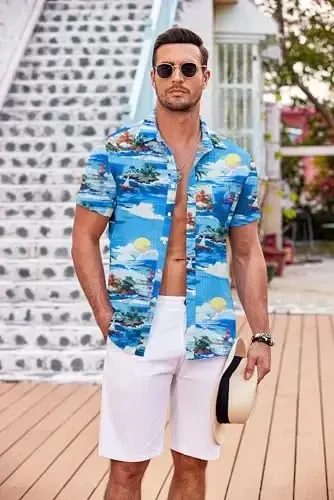 COOFANDY Men's Short Sleeve Button Down Shirt Casual Summer Beach Untucked Vacation Textured Shirts with Pocket - COOFANDY (1)