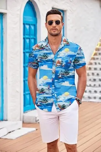 COOFANDY Men's Short Sleeve Button Down Shirt Casual Summer Beach Untucked Vacation Textured Shirts with Pocket - 3