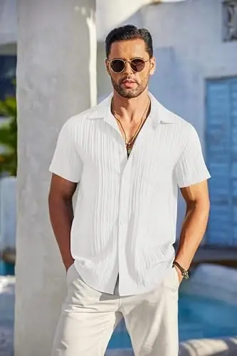 COOFANDY Men's Short Sleeve Button Down Shirt Casual Summer Beach Untucked Vacation Textured Shirts with Pocket - 2