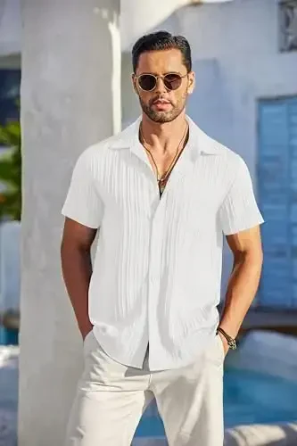 COOFANDY Men's Short Sleeve Button Down Shirt Casual Summer Beach Untucked Vacation Textured Shirts with Pocket - 2