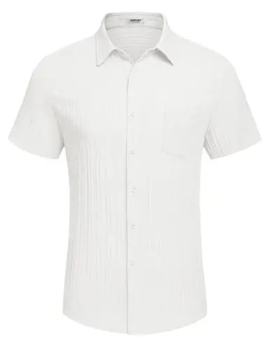 COOFANDY Men's Short Sleeve Button Down Shirt Casual Summer Beach Untucked Vacation Textured Shirts with Pocket - 4
