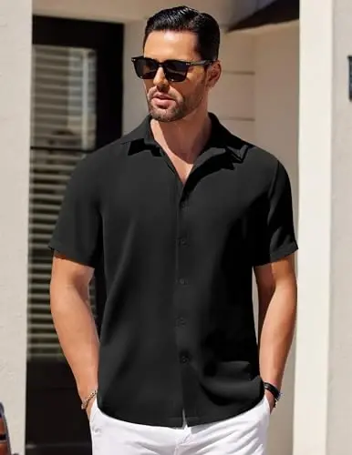 COOFANDY Mens Short Sleeve Button Down Shirts Waffle Shirt Casual Beach Summer Shirts Wrinkle Free Vacation Shirts - 2