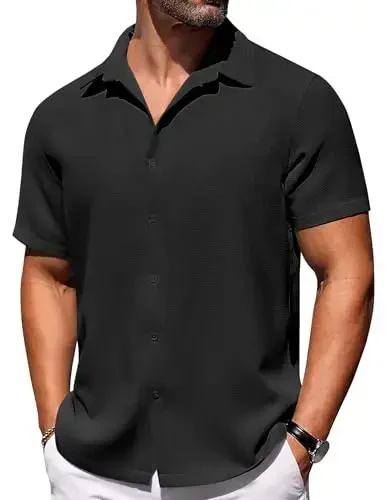 COOFANDY Mens Short Sleeve Button Down Shirts Waffle Shirt Casual Beach Summer Shirts Wrinkle Free Vacation Shirts 