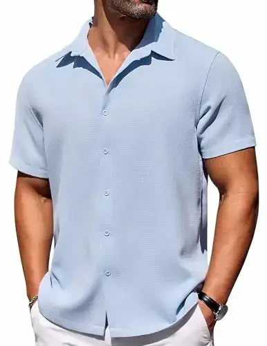 COOFANDY Mens Short Sleeve Button Down Shirts Waffle Shirt Casual Beach Summer Shirts Wrinkle Free Vacation Shirts 