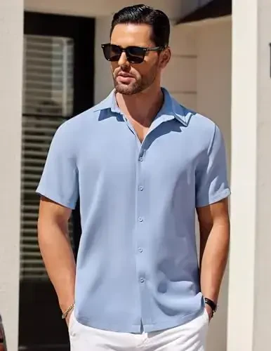 COOFANDY Mens Short Sleeve Button Down Shirts Waffle Shirt Casual Beach Summer Shirts Wrinkle Free Vacation Shirts - 2