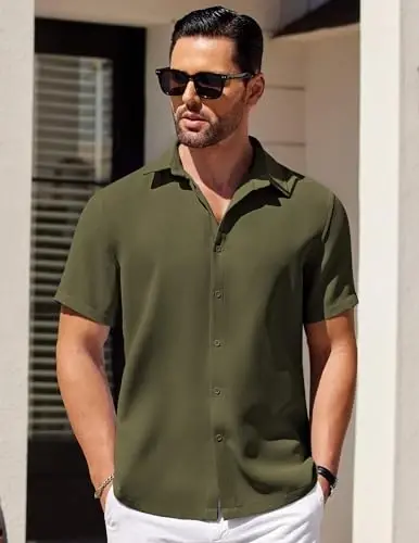 COOFANDY Mens Short Sleeve Button Down Shirts Waffle Shirt Casual Beach Summer Shirts Wrinkle Free Vacation Shirts - 2