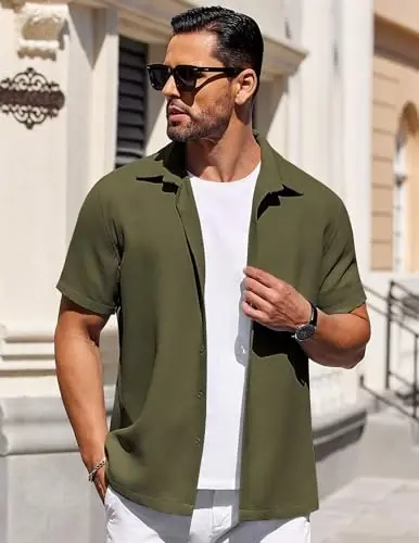 COOFANDY Mens Short Sleeve Button Down Shirts Waffle Shirt Casual Beach Summer Shirts Wrinkle Free Vacation Shirts - 3