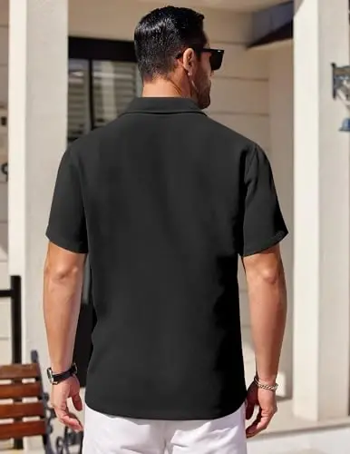 COOFANDY Mens Short Sleeve Button Down Shirts Waffle Shirt Casual Beach Summer Shirts Wrinkle Free Vacation Shirts - 4