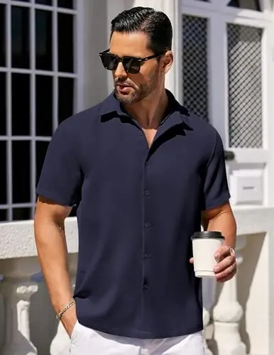 COOFANDY Mens Short Sleeve Button Down Shirts Waffle Shirt Casual Beach Summer Shirts Wrinkle Free Vacation Shirts - 2