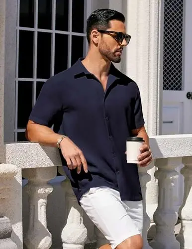 COOFANDY Mens Short Sleeve Button Down Shirts Waffle Shirt Casual Beach Summer Shirts Wrinkle Free Vacation Shirts - 3