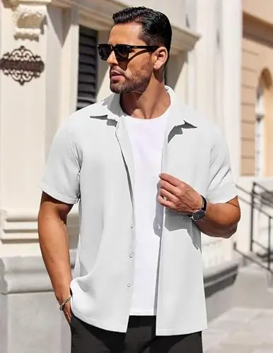COOFANDY Mens Short Sleeve Button Down Shirts Waffle Shirt Casual Beach Summer Shirts Wrinkle Free Vacation Shirts - 3