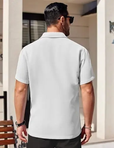 COOFANDY Mens Short Sleeve Button Down Shirts Waffle Shirt Casual Beach Summer Shirts Wrinkle Free Vacation Shirts - 4