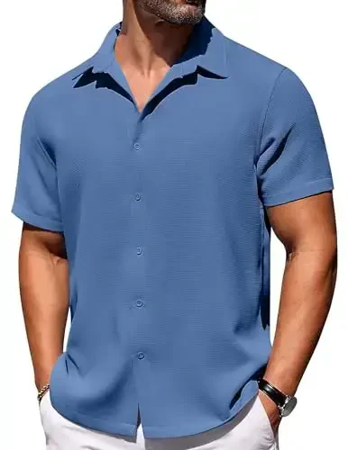 COOFANDY Mens Short Sleeve Button Down Shirts Waffle Shirt Casual Beach Summer Shirts Wrinkle Free Vacation Shirts - 1